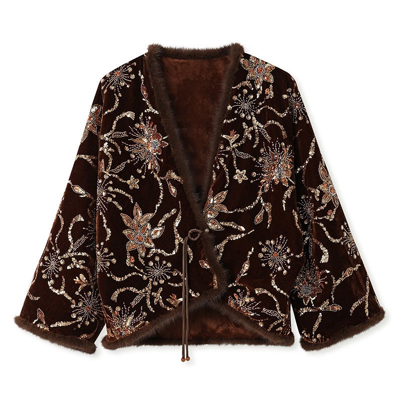Yailla Versatile New Chinese Retro Rich and Noble Temperament Light Luxury Mink Fur Lined Embroidered Beaded Top and Jacket Set + V-Neck Jacquard Slip Dress Women'S Set Niche Design Tang Coat Suit - Image 1